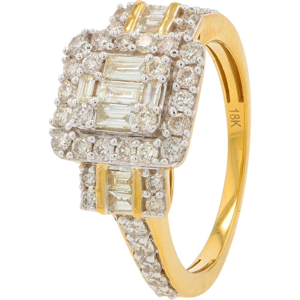 18K Yellow Gold Geometric Square Ring with Baguette and Round Diamond Halo - 1.10 Carat Total Diamond Weight