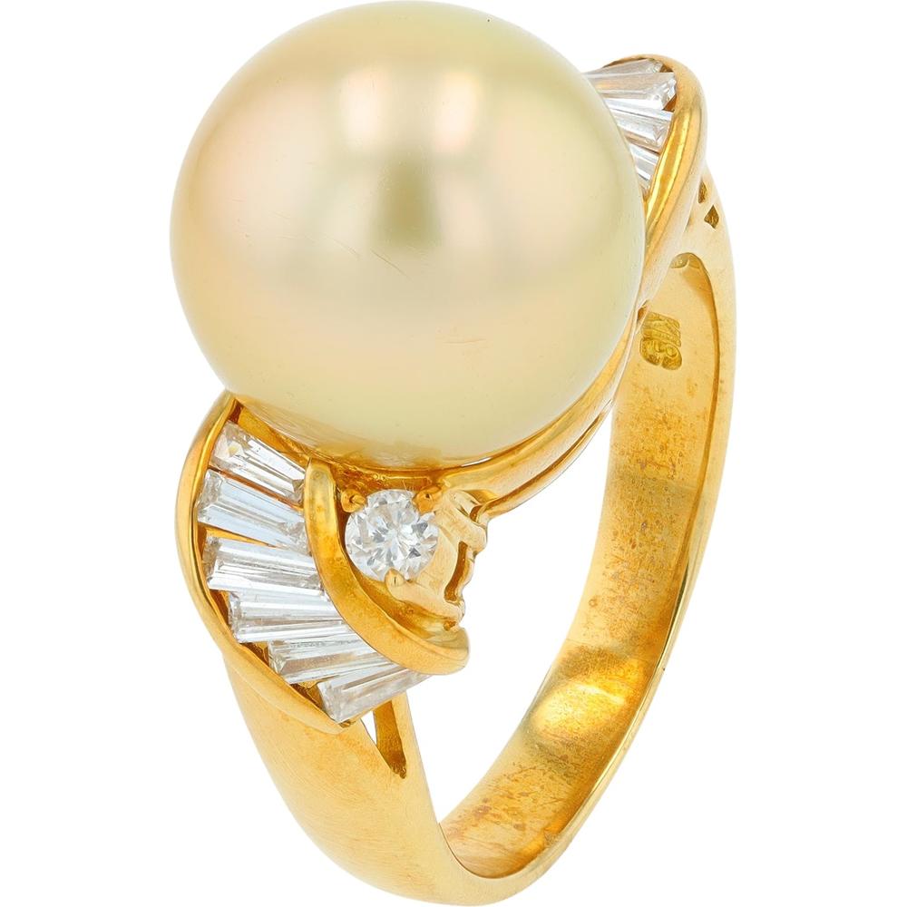 18K Yellow Gold Golden Pearl and Diamond Baguette Ring - 11.6mm Pearl with 0.45 Carat Total Diamond Weight