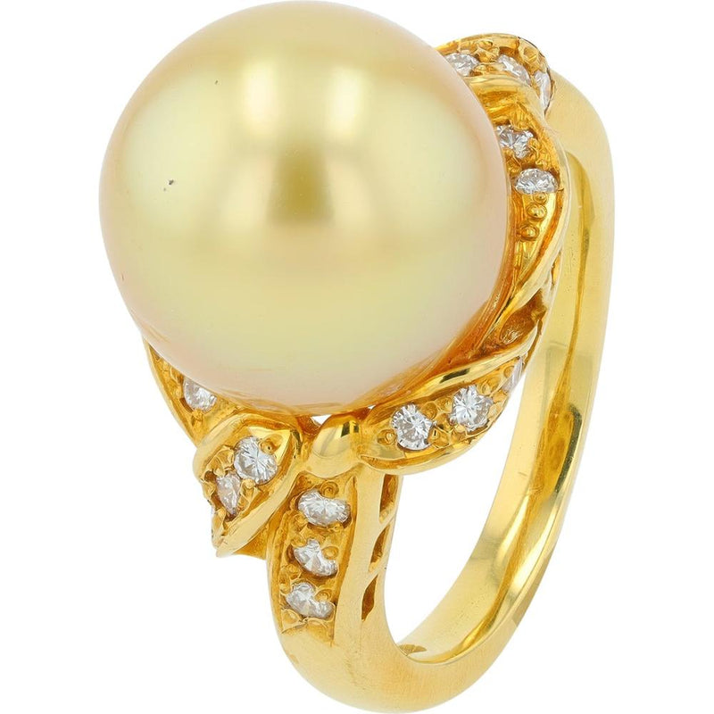 18K Yellow Gold Golden Pearl Ring with Diamond Accents - 0.29 Carat Total Diamond Weight