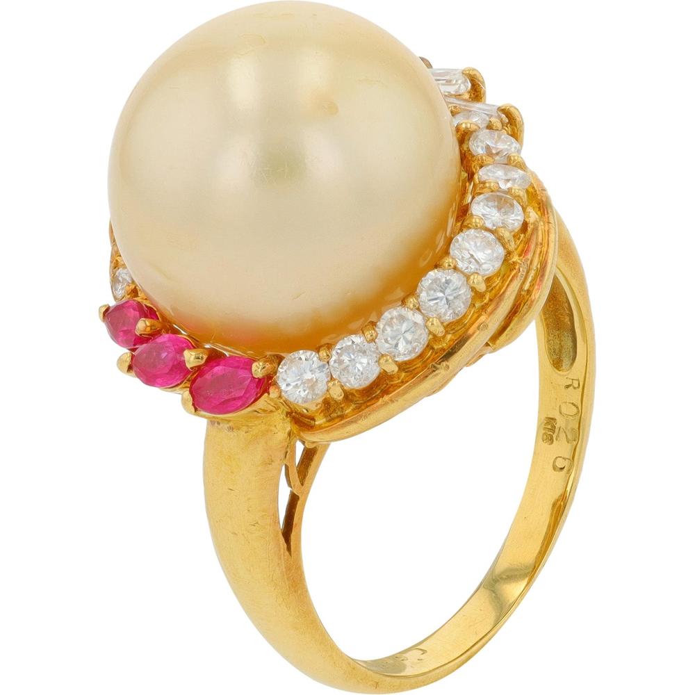 18K Yellow Gold Golden South Sea Pearl Ring with Diamonds and Rubies - 13.22mm Pearl, 0.59 Carats Diamond, 0.26 Carats Ruby