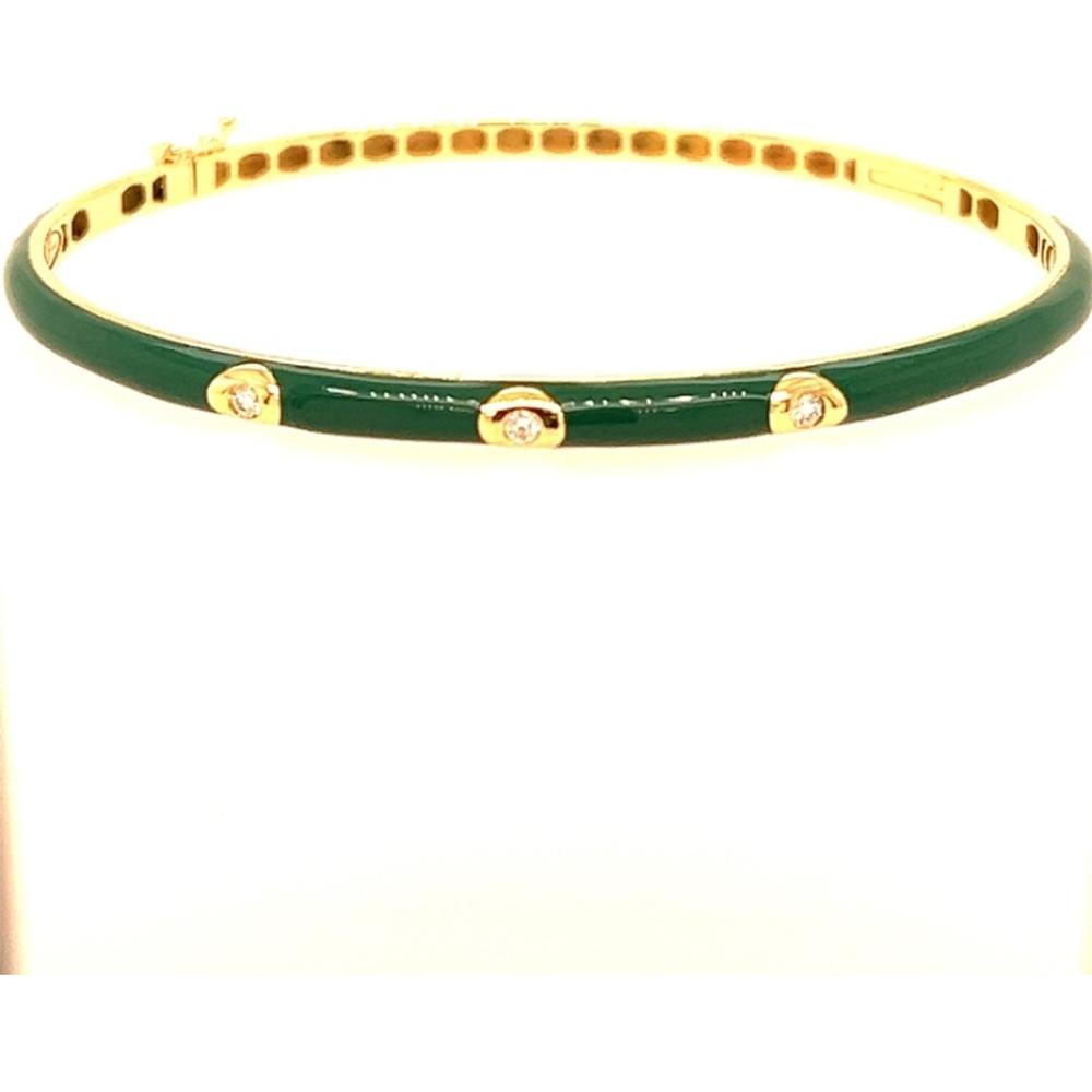 18K Yellow Gold Green Enamel Bangle with Round Diamond Accents by Afarin