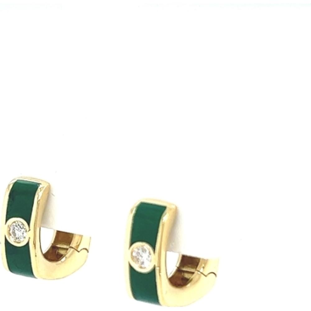 18K Yellow Gold Green Enamel Huggie Earrings with Round Diamond Accents by Afarin