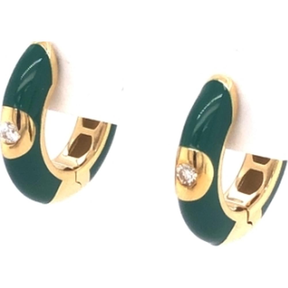 18K Yellow Gold Green Enamel Huggie Earrings with Round Diamond Accents by Afarin