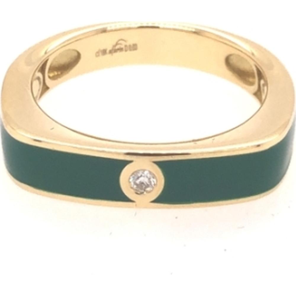 18K Yellow Gold Green Enamel Ring with Bezel-Set Round Diamond by Afarin