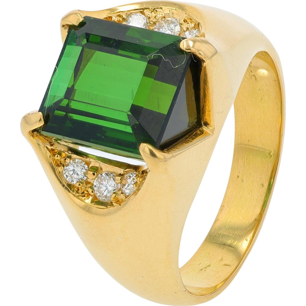 18K Yellow Gold Green Tourmaline Ring with Diamond Accents - 6.55 Carat Total Tourmaline Weight
