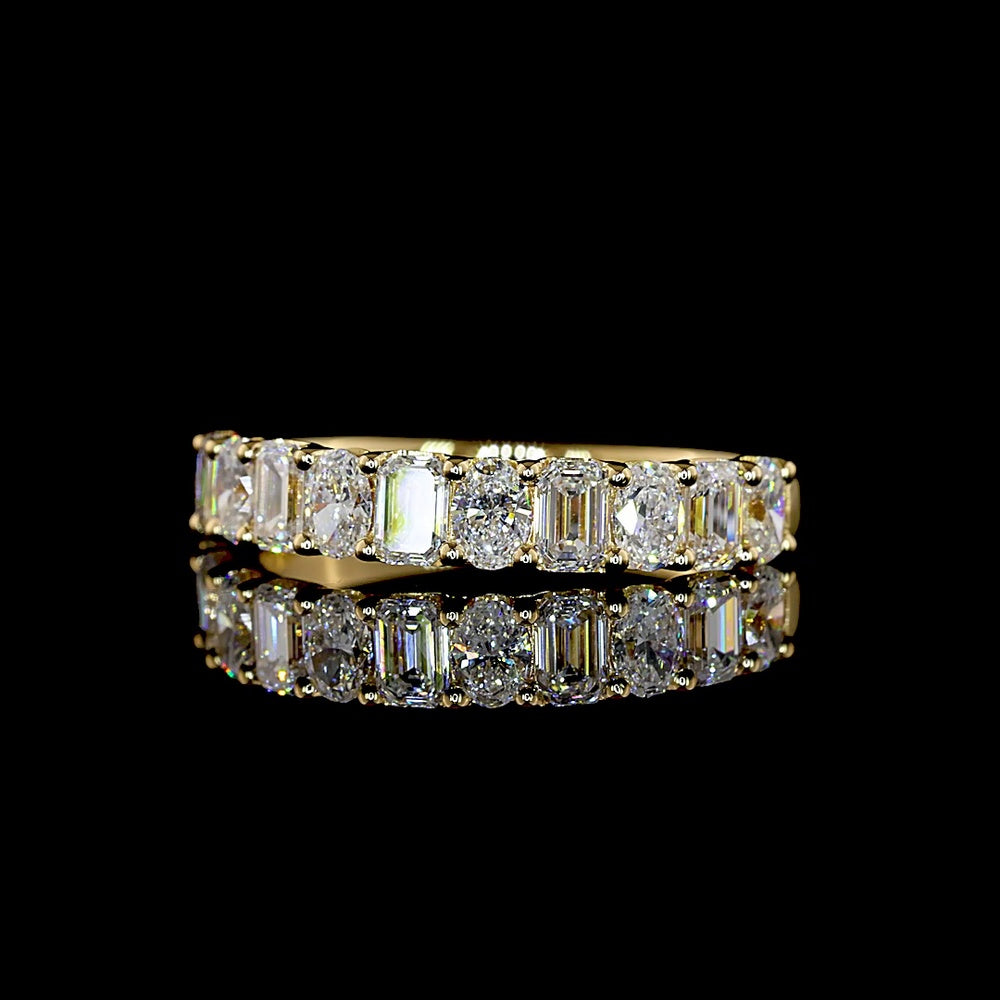 18K Yellow Gold Half Eternity Band with Alternating Emerald and Oval Cut Lab Diamonds - 1.03 Carat Total Weight, E-F Color VS1 Clarity - Covaloro Fine Jewelry