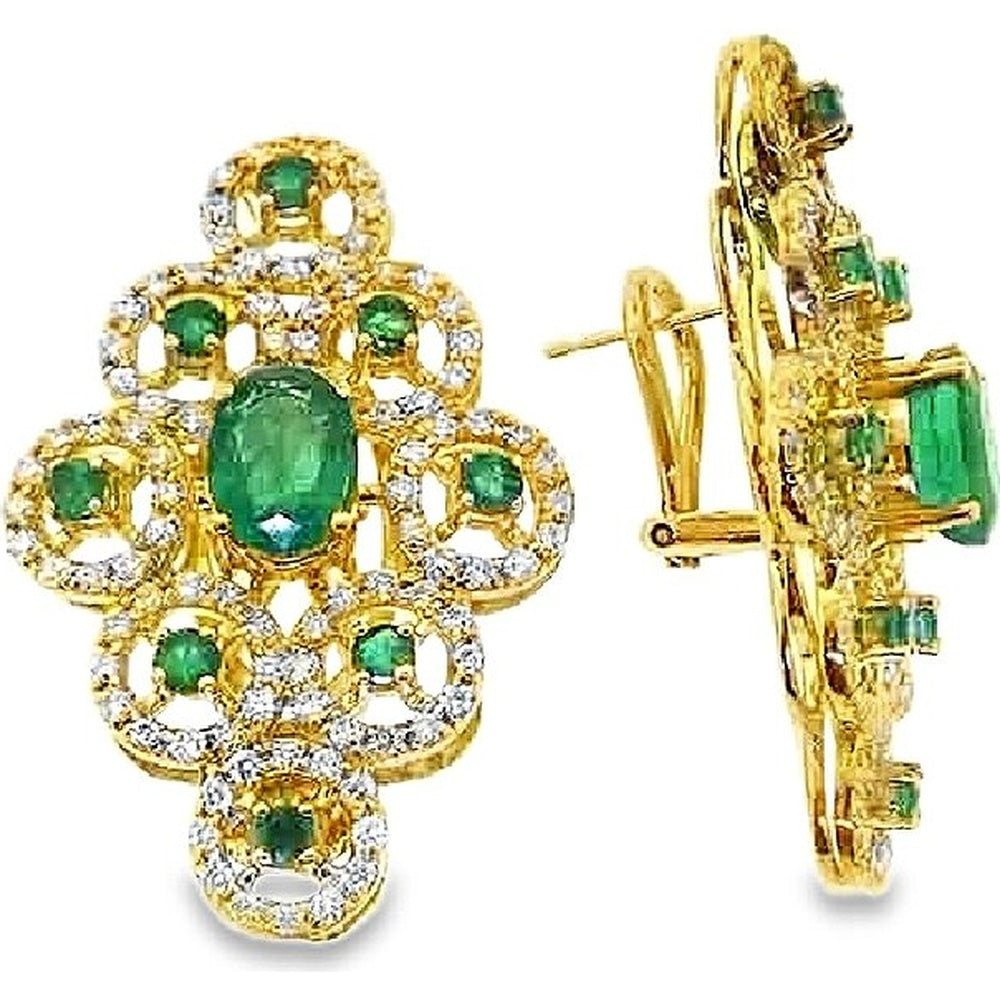 18K Yellow Gold Halo Earrings with Oval Emeralds and Pave Set Diamonds - 4.10 Carat Total Emerald Weight and 2.16 Carat Total Diamond Weight by Auriventus
