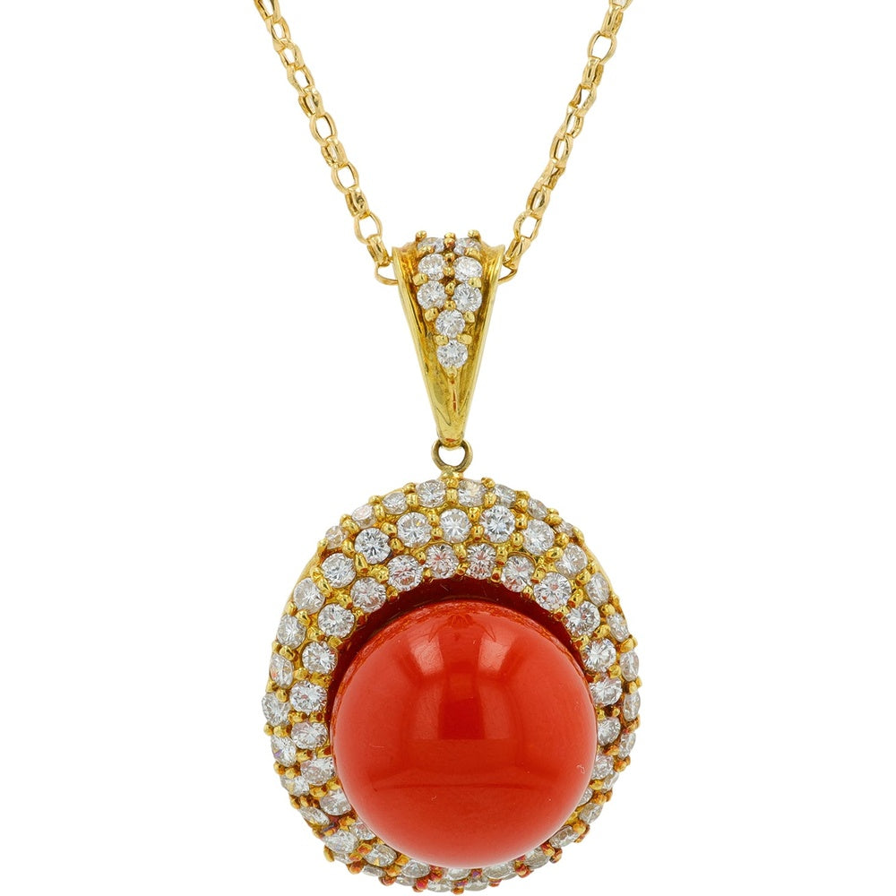 18K Yellow Gold Halo Pendant Necklace with 13.70mm Cabochon Coral and Round Diamonds - 1.82 Carat Total Diamond Weight on a 15-Inch Chain