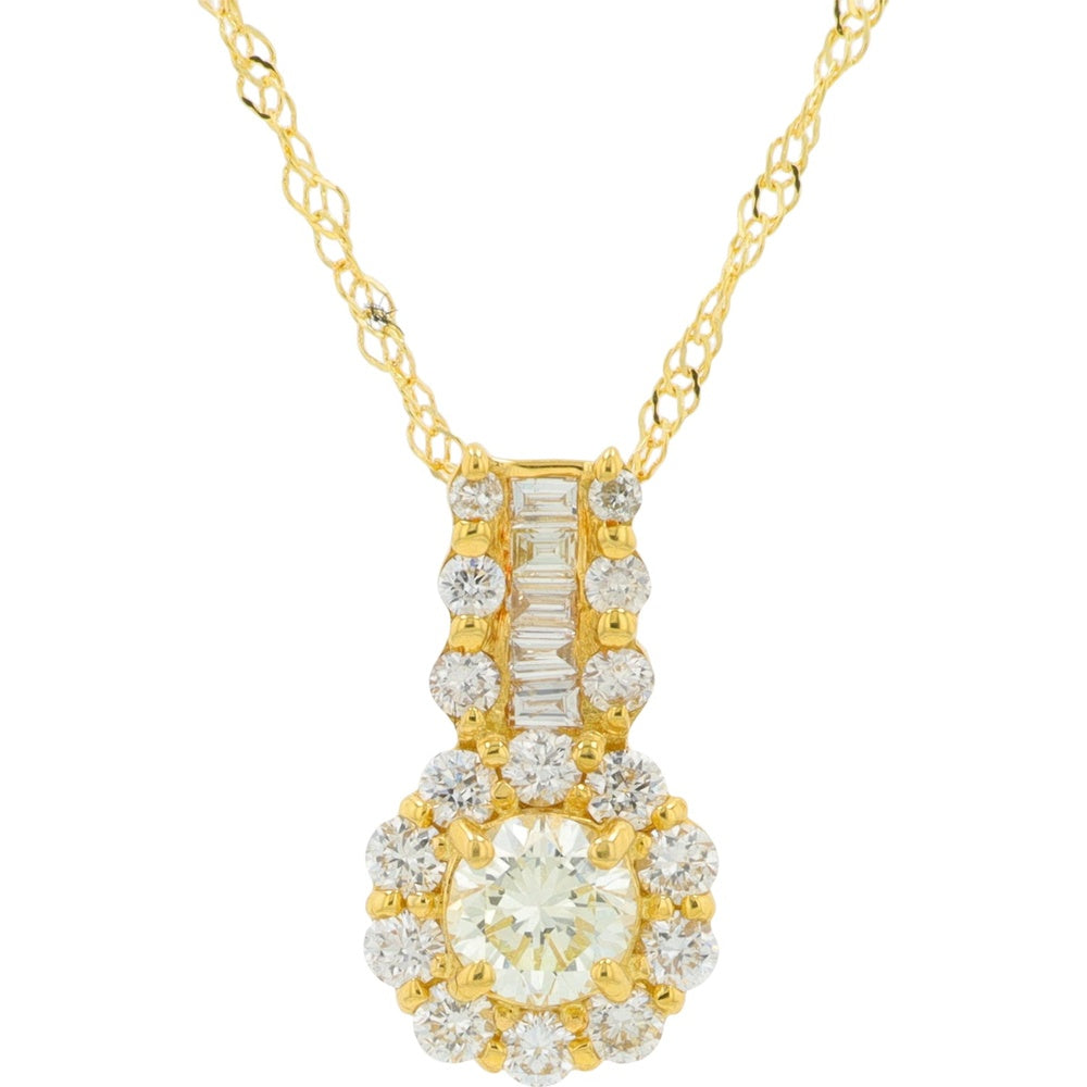 18K Yellow Gold Halo Pendant Necklace with Round and Baguette Diamonds - 0.50 Carat Total Diamond Weight