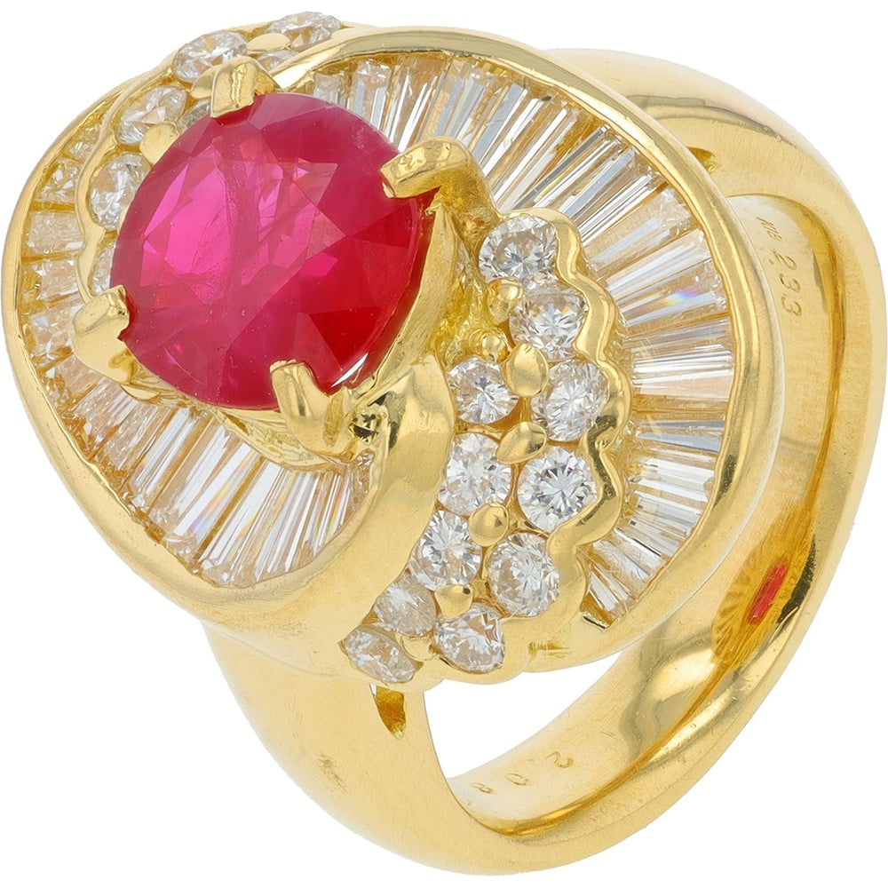 18K Yellow Gold Halo Ring with 2.33 Carat Oval Ruby and 2.08 Carat Mixed-Cut Diamond Accents - Size 6.25