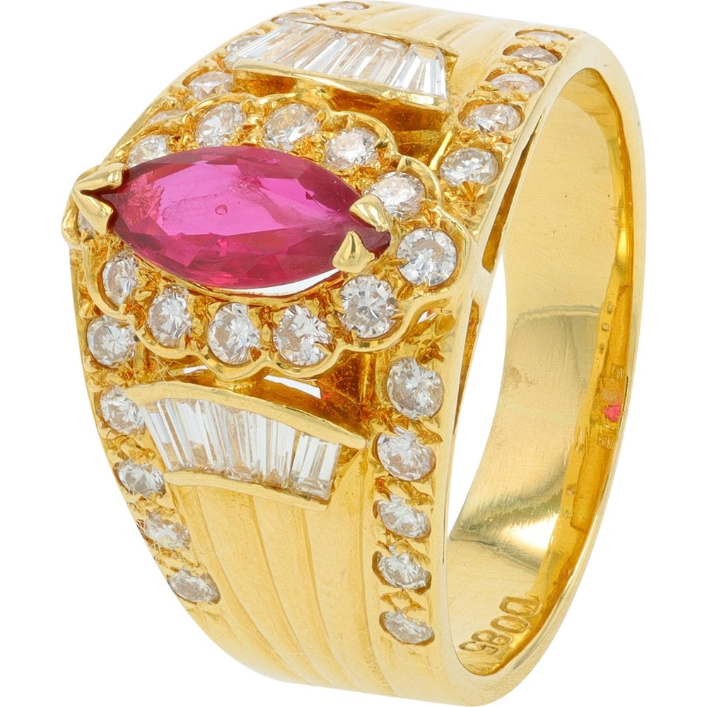 18K Yellow Gold Halo Ring with Marquise Cut Ruby and Baguette Diamonds - 0.65 Carat Ruby and 0.85 Carat Total Diamond Weight