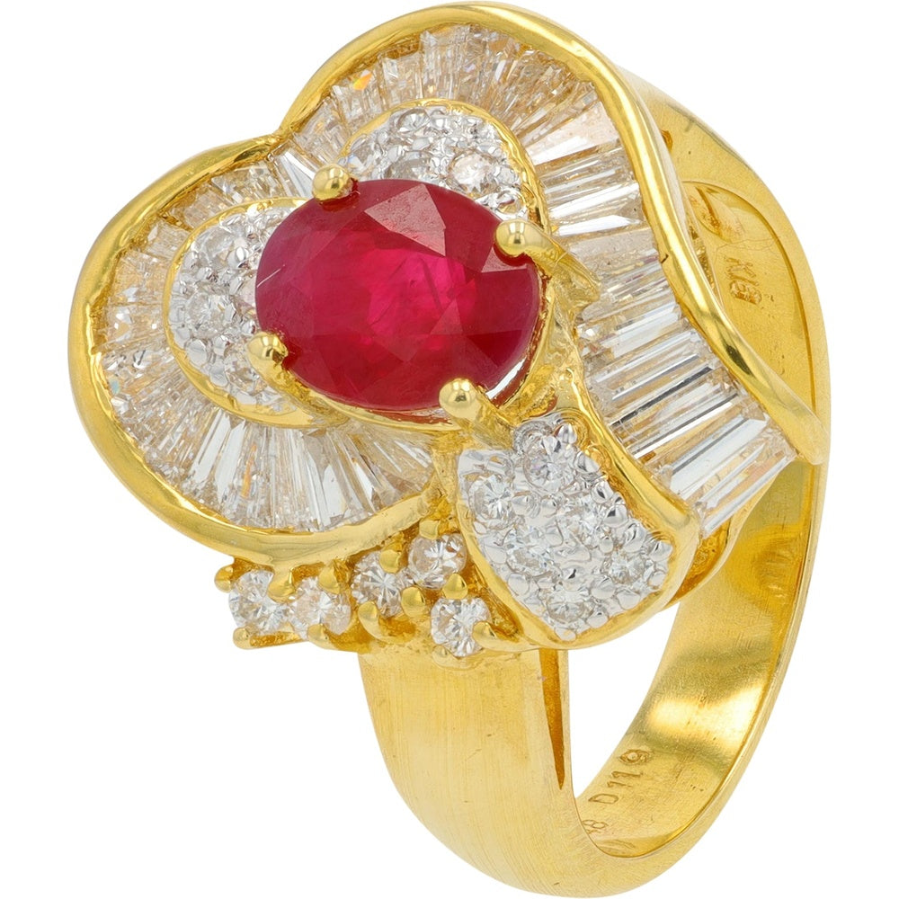18K Yellow Gold Halo Ring with Oval Ruby and Baguette and Round Diamonds - 1.48 Carat Ruby and 1.19 Carat Total Diamond Weight