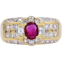18K Yellow Gold Halo Ring with Oval Ruby and Round and Baguette Diamonds - 0.57 Carat Ruby and 0.97 Carat Total Diamond Weight