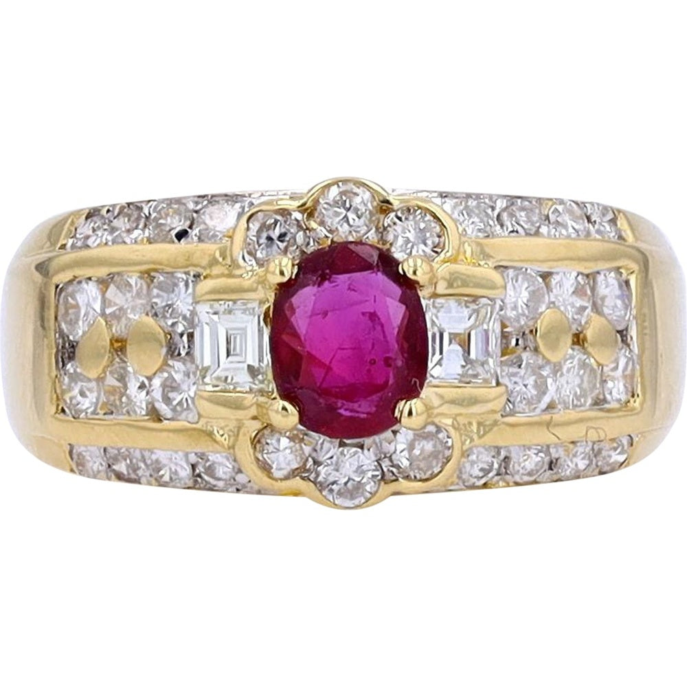 18K Yellow Gold Halo Ring with Oval Ruby and Round and Baguette Diamonds - 0.57 Carat Ruby and 0.97 Carat Total Diamond Weight