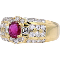 18K Yellow Gold Halo Ring with Oval Ruby and Round and Baguette Diamonds - 0.57 Carat Ruby and 0.97 Carat Total Diamond Weight