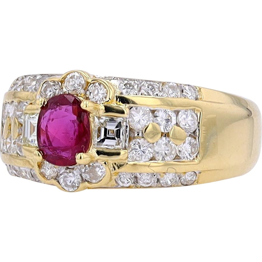 18K Yellow Gold Halo Ring with Oval Ruby and Round and Baguette Diamonds - 0.57 Carat Ruby and 0.97 Carat Total Diamond Weight