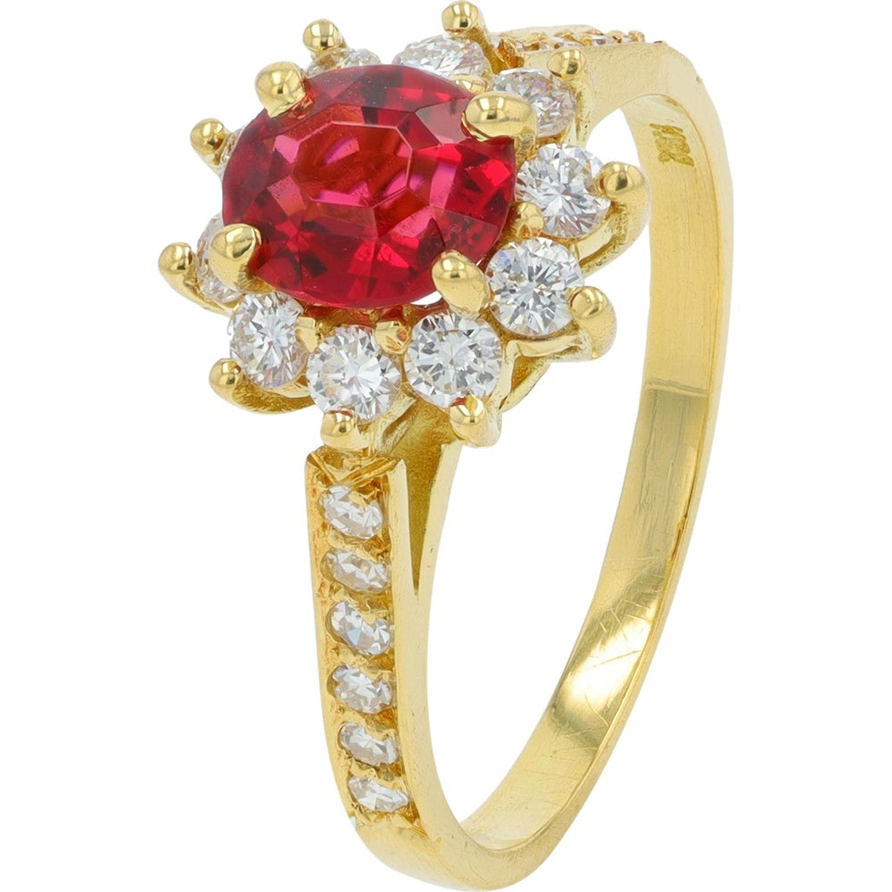 18K Yellow Gold Halo Ring with Oval Ruby and Round Diamond Accents - 0.75 Carat Ruby and 0.27 Carat Diamond Total Weight