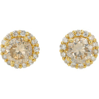 18K Yellow Gold Halo Stud Earrings with Fancy Light Brown and White Round Diamonds - 2.006 Carat Total Diamond Weight