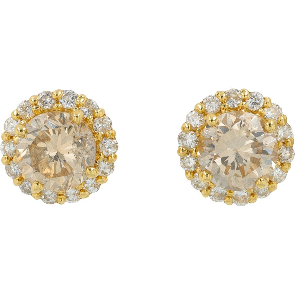 18K Yellow Gold Halo Stud Earrings with Fancy Light Brown and White Round Diamonds - 2.006 Carat Total Diamond Weight