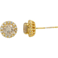 18K Yellow Gold Halo Stud Earrings with Fancy Light Brown and White Round Diamonds - 2.006 Carat Total Diamond Weight