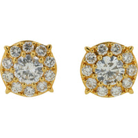 18K Yellow Gold Halo Stud Earrings with Round Diamonds - 1.36 Carat Total Diamond Weight