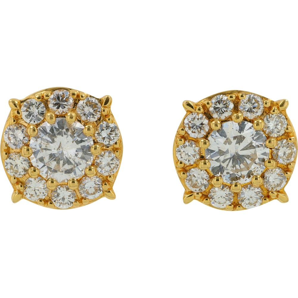 18K Yellow Gold Halo Stud Earrings with Round Diamonds - 1.36 Carat Total Diamond Weight