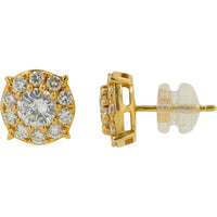 18K Yellow Gold Halo Stud Earrings with Round Diamonds - 1.36 Carat Total Diamond Weight