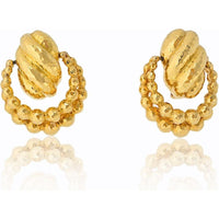 18K Yellow Gold Hammered Textured Door Knocker Earrings by David Webb - Sculptural Design, Clip-On Closure