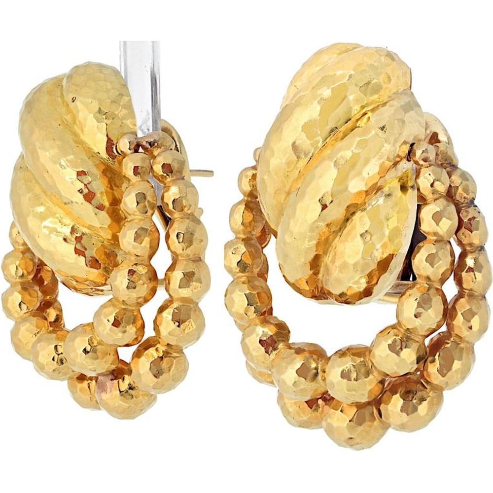 18K Yellow Gold Hammered Textured Door Knocker Earrings by David Webb - Sculptural Design, Clip-On Closure