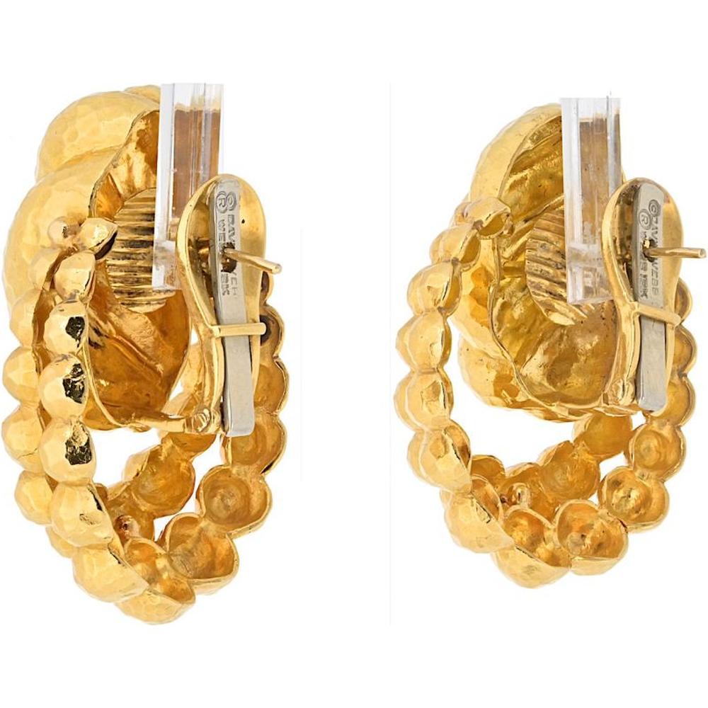 18K Yellow Gold Hammered Textured Door Knocker Earrings by David Webb - Sculptural Design, Clip-On Closure