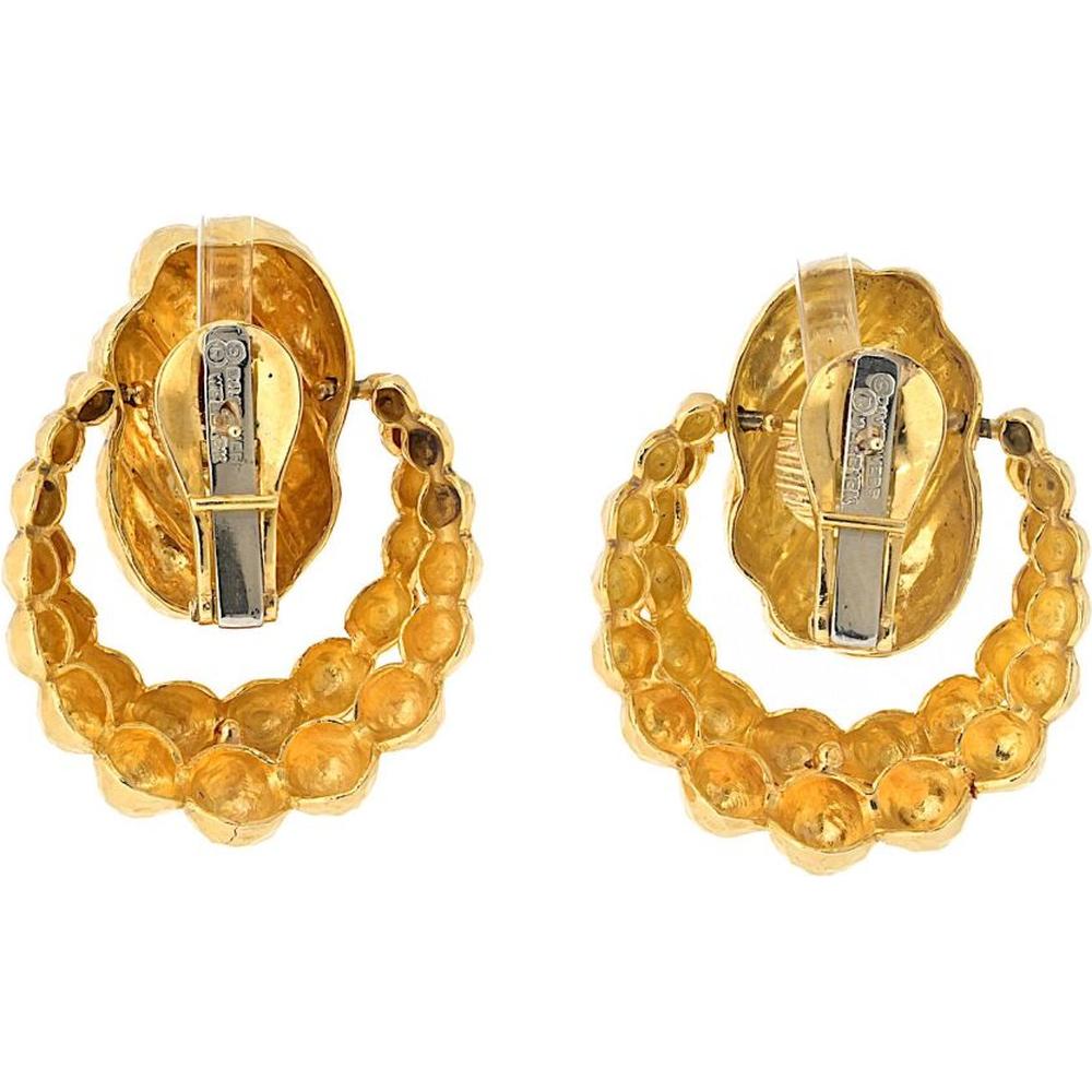 18K Yellow Gold Hammered Textured Door Knocker Earrings by David Webb - Sculptural Design, Clip-On Closure