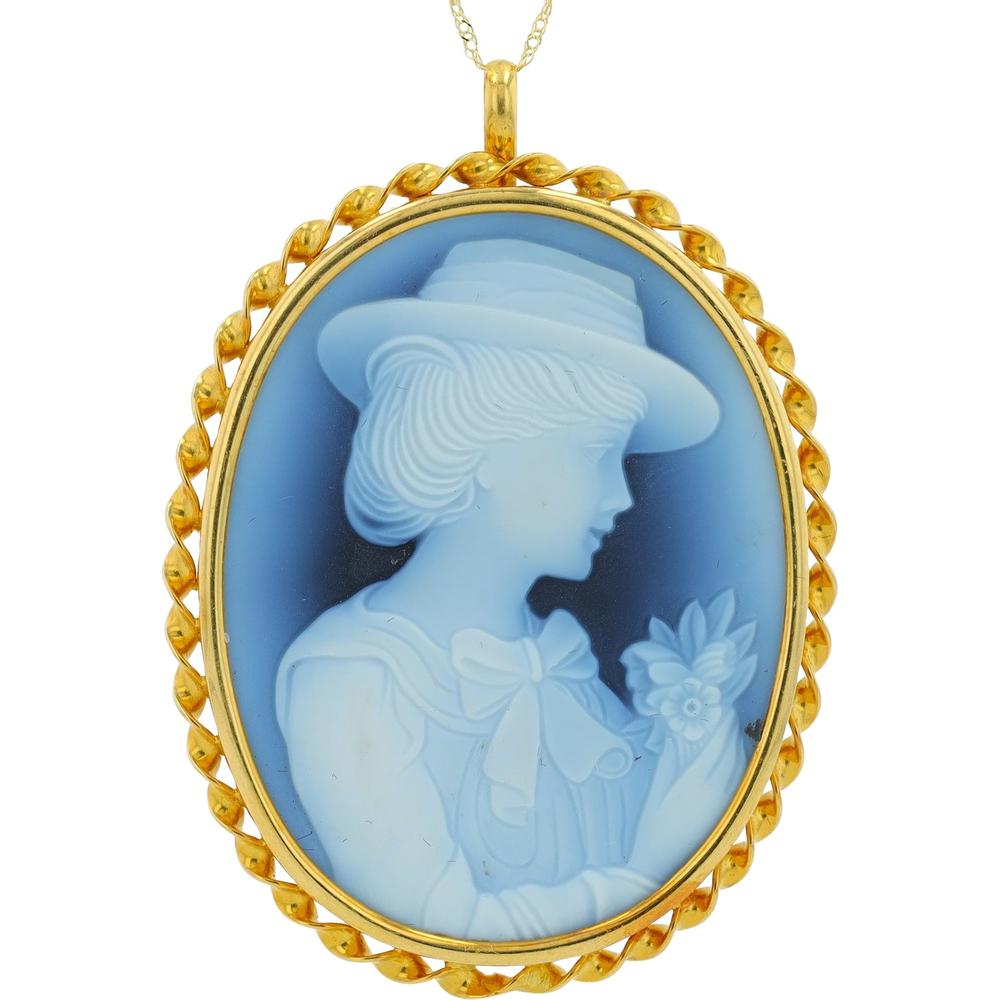 18K Yellow Gold Hand-Carved Blue and White Cameo Pendant Necklace - 18 Inch Chain