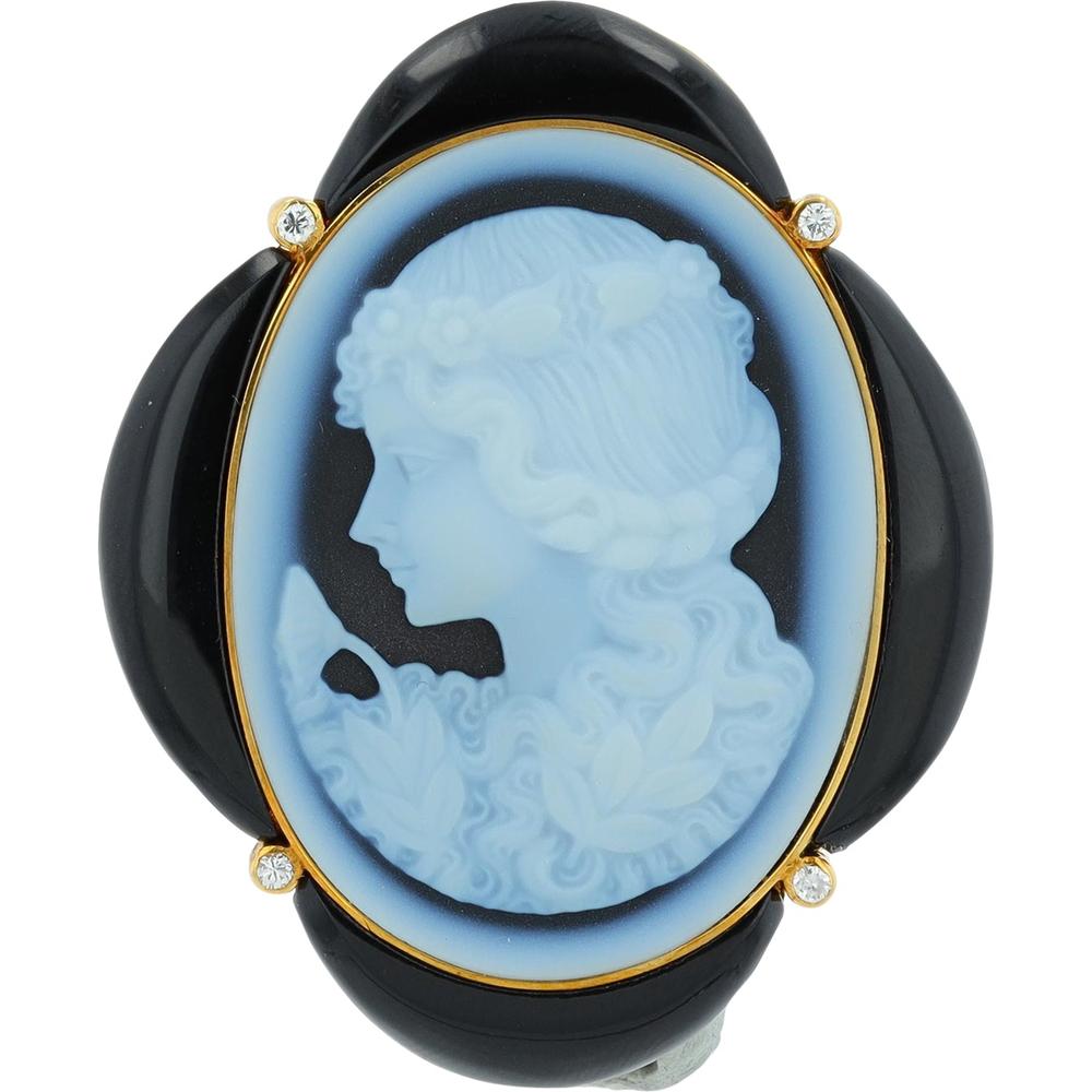 18K Yellow Gold Hand-Carved Blue Chalcedony Cameo Brooch with Black Onyx Frame