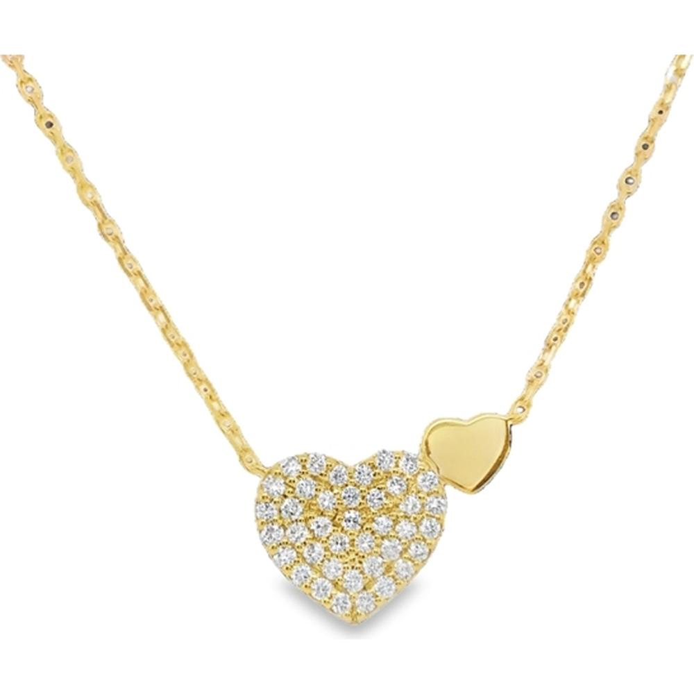 18K Yellow Gold Heart Necklace with Pavé Set Round Diamonds and Polished Heart Accent by Afarin