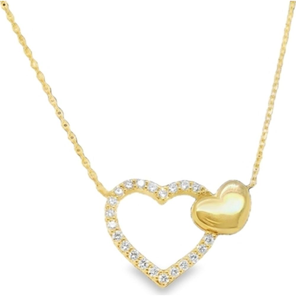 18K Yellow Gold Heart Pendant Necklace with Round Diamonds and Overlapping Polished Gold Heart by Afarin