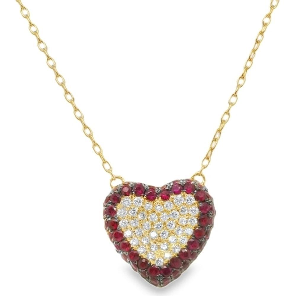 18K Yellow Gold Heart Pendant Necklace with Round Diamonds and Round Rubies by Afarin