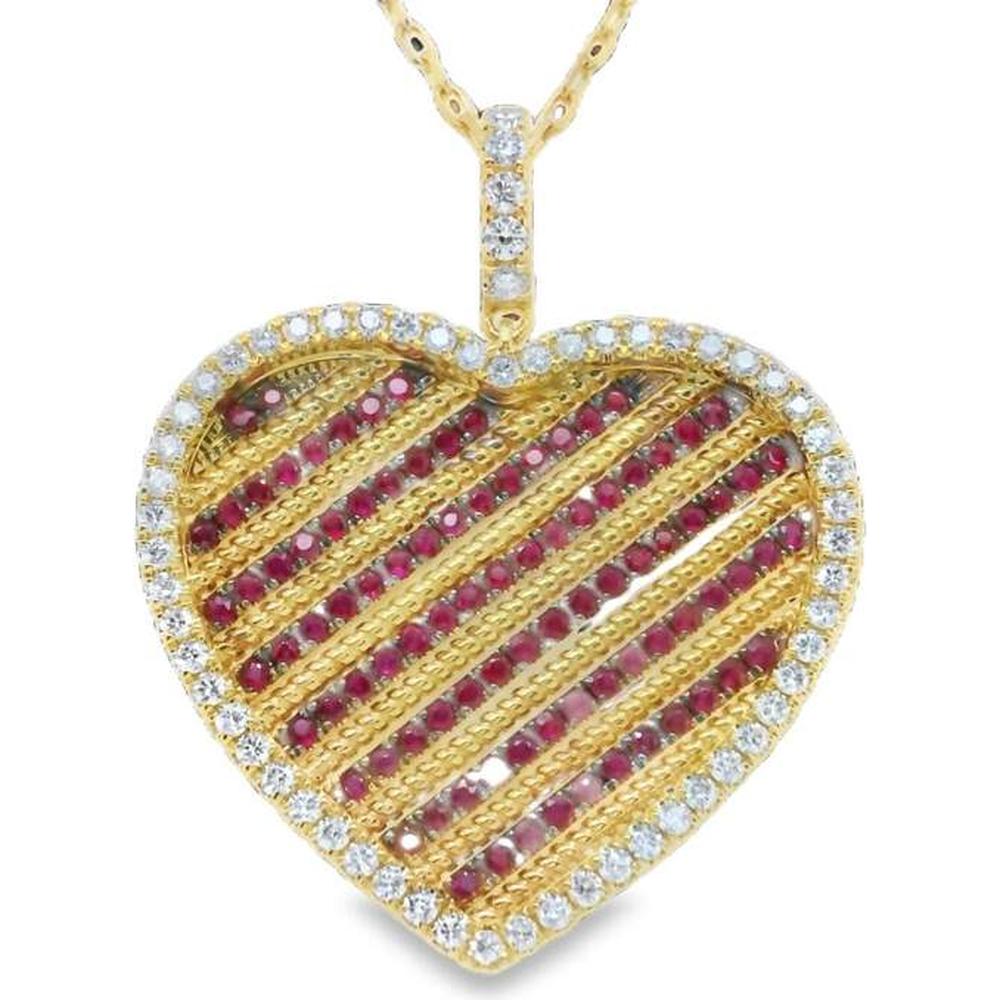 18K Yellow Gold Heart Pendant with Diagonal Ruby Rows and Diamond Border by Afarin