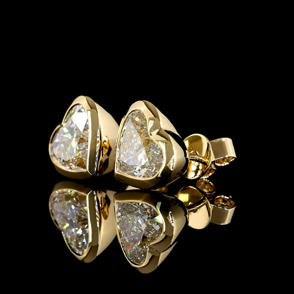 18K Yellow Gold Heart Shape Bezel Set Lab Diamond Stud Earrings - 4.07 Carat Total Weight (E-F Color, VS1 Clarity) - Covaloro Fine Jewelry