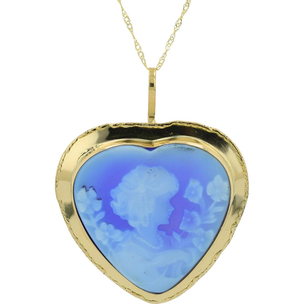 18K Yellow Gold Heart-Shaped Cameo Pendant with Floral Carving - Vintage-Inspired Blue Cameo