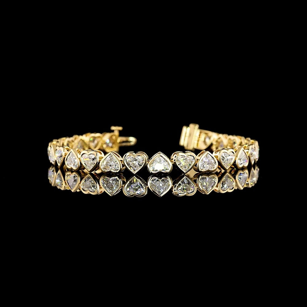 18K Yellow Gold Heart Shaped Diamond Tennis Bracelet with Bezel Set Lab Grown Diamonds - 14.10 Total Carat Weight - Covaloro Fine Jewelry