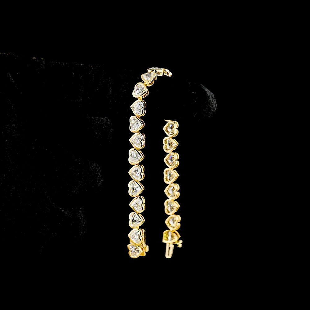 18K Yellow Gold Heart Shaped Diamond Tennis Bracelet with Bezel Set Lab Grown Diamonds - 14.10 Total Carat Weight - Covaloro Fine Jewelry