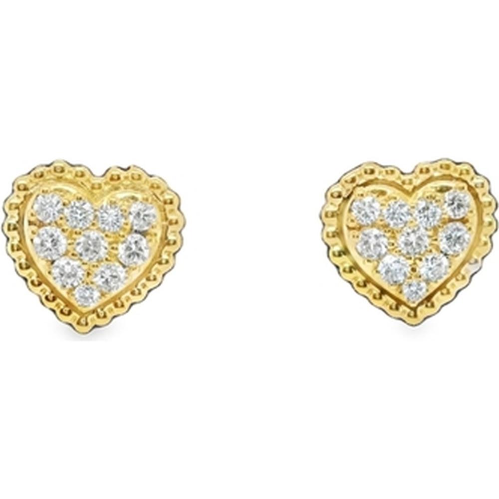 18K Yellow Gold Heart Stud Earrings with Round Diamonds and Milgrain-Style Border by Afarin