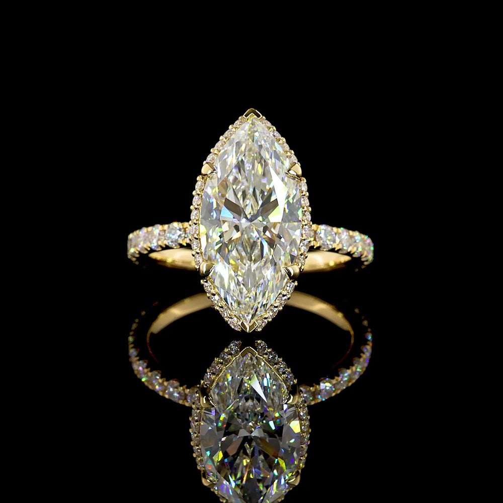 18K Yellow Gold Hidden Halo Marquise Cut Lab Diamond Ring - 4.44 Carat Total Weight with F VVS2 Center Diamond - Covaloro Fine Jewelry