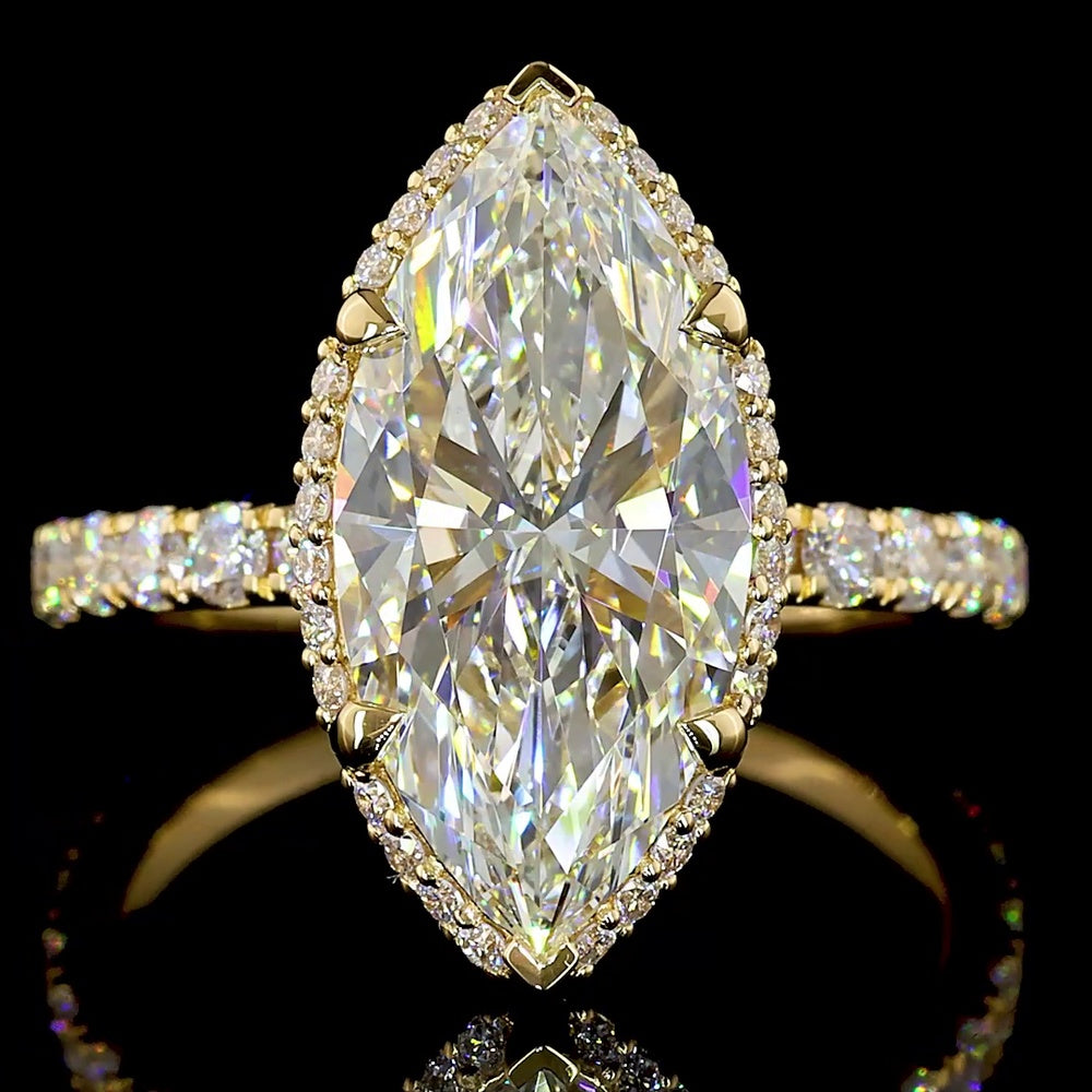 18K Yellow Gold Hidden Halo Marquise Cut Lab Diamond Ring - 4.44 Carat Total Weight with F VVS2 Center Diamond - Covaloro Fine Jewelry