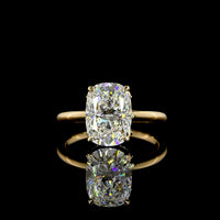 18K Yellow Gold Hidden Halo Ring with 3.06 Carat Cushion Brilliant Cut Lab Diamond and Pear Shape Side Stones - 3.46 Total Carat Weight - Covaloro Fine Jewelry