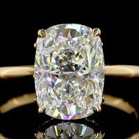 18K Yellow Gold Hidden Halo Ring with 3.06 Carat Cushion Brilliant Cut Lab Diamond and Pear Shape Side Stones - 3.46 Total Carat Weight - Covaloro Fine Jewelry