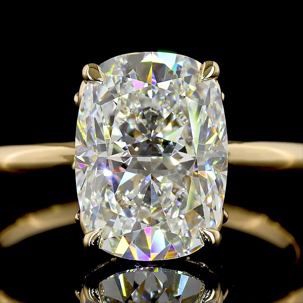 18K Yellow Gold Hidden Halo Ring with 3.06 Carat Cushion Brilliant Cut Lab Diamond and Pear Shape Side Stones - 3.46 Total Carat Weight - Covaloro Fine Jewelry