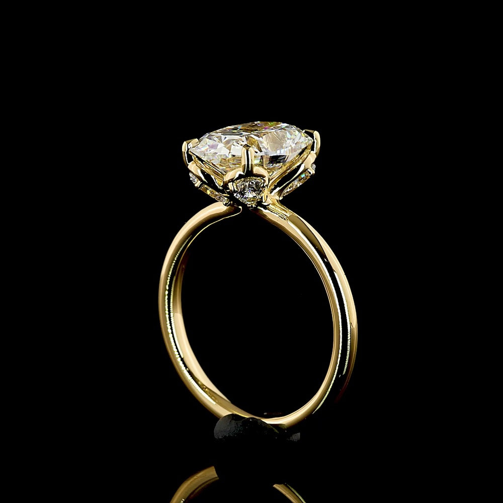 18K Yellow Gold Hidden Halo Ring with 3.06 Carat Cushion Brilliant Cut Lab Diamond and Pear Shape Side Stones - 3.46 Total Carat Weight - Covaloro Fine Jewelry