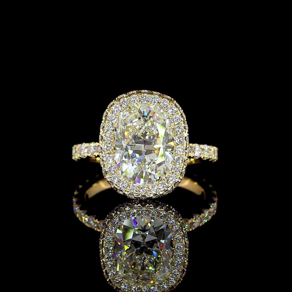 18K Yellow Gold Hidden Halo Ring with 3.11 Carat Cushion Cut Lab Diamond and Pavé Set Round Diamonds - Total 4.62 Carats IGI Certified - Covaloro Fine Jewelry