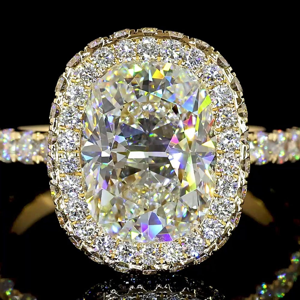 18K Yellow Gold Hidden Halo Ring with 3.11 Carat Cushion Cut Lab Diamond and Pavé Set Round Diamonds - Total 4.62 Carats IGI Certified - Covaloro Fine Jewelry